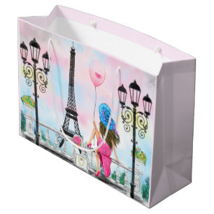 Pretty Woman and Pink Heart Balloon - I Love Paris Large Gift Bag