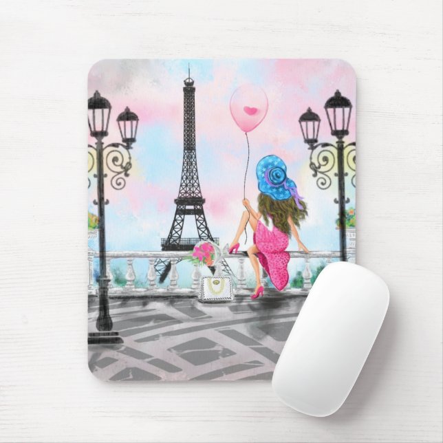 Pretty Woman and Pink Heart Balloon - I Love Paris Mouse Mat (With Mouse)