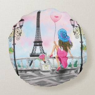 Pretty Woman and Pink Heart Balloon - I Love Paris Round Cushion