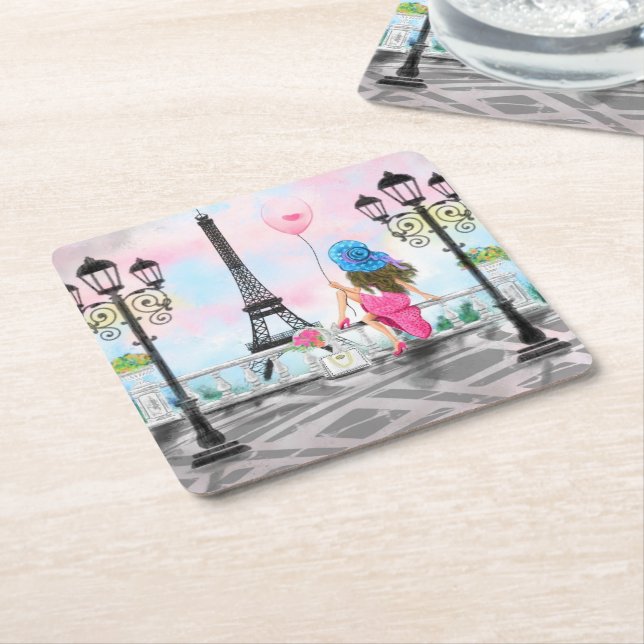Pretty Woman and Pink Heart Balloon - I Love Paris Square Paper Coaster (Angled)
