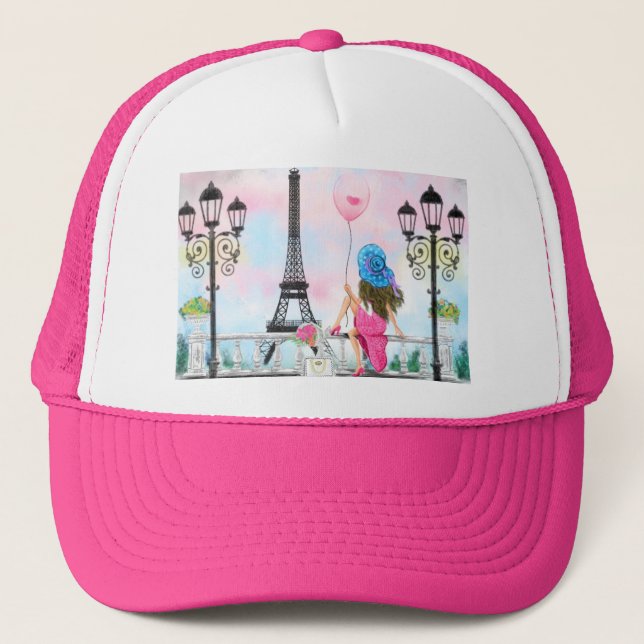 Pretty Woman and Pink Heart Balloon - I Love Paris Trucker Hat (Front)