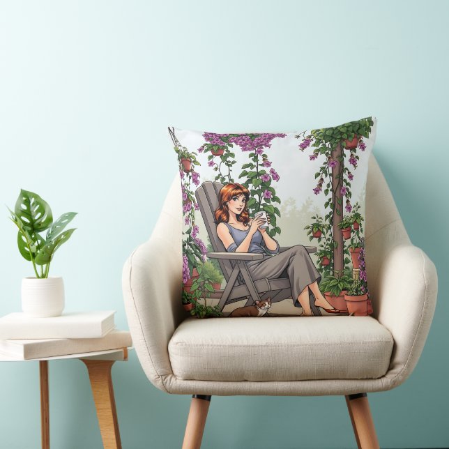 Pretty Woman Drinking Coffee, Her Dog and Plants Cushion (Chair)