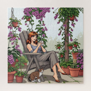 Pretty Woman Drinking Coffee, Her Dog and Plants Jigsaw Puzzle