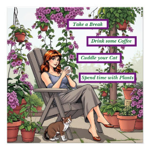 Pretty Woman Drinking Coffee, Her Dog and Plants Photo Print