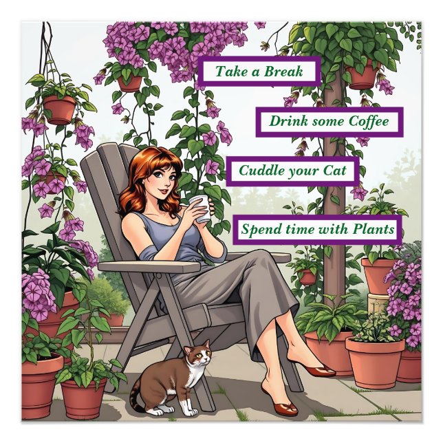 Pretty Woman Drinking Coffee, Her Dog and Plants Photo Print (Front)