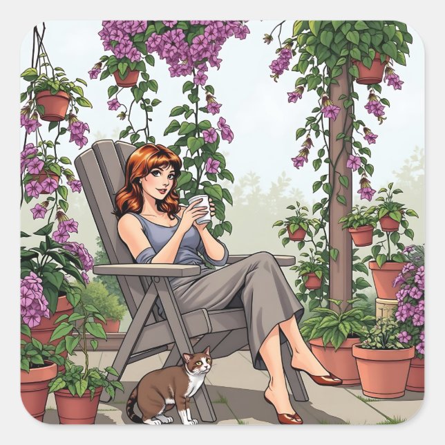 Pretty Woman Drinking Coffee, Her Dog and Plants Square Sticker (Front)