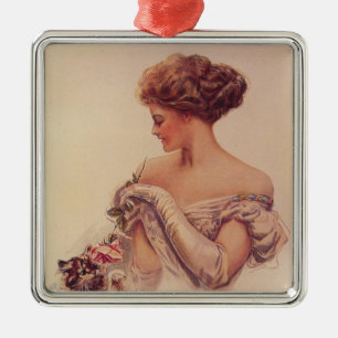 Pretty Woman Holding a Kitten (by Harrison Fisher) Metal Tree Decoration