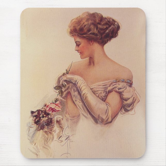 Pretty Woman Holding a Kitten (by Harrison Fisher) Mouse Mat (Front)