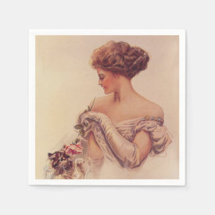 Pretty Woman Holding a Kitten (by Harrison Fisher) Napkin