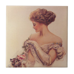Pretty Woman Holding a Kitten (by Harrison Fisher) Tile