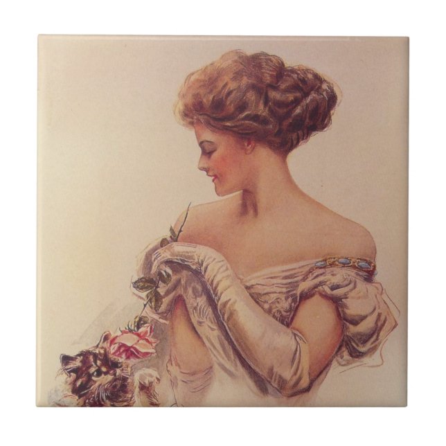 Pretty Woman Holding a Kitten (by Harrison Fisher) Tile (Front)