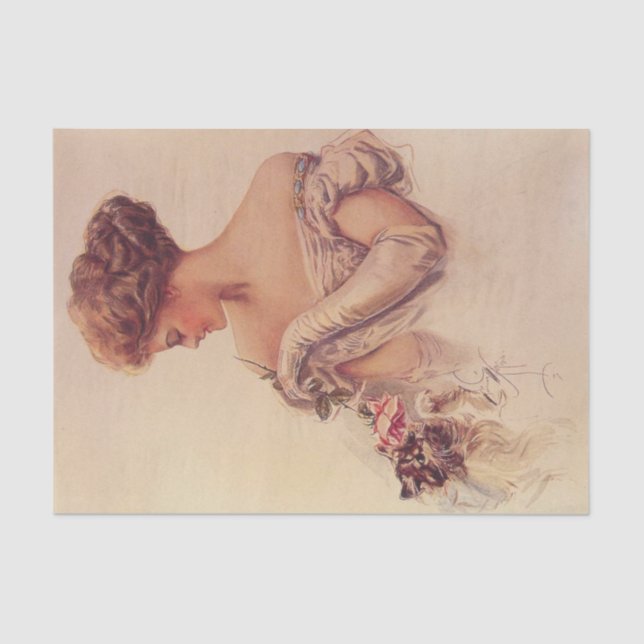 Pretty Woman Holding a Kitten (by Harrison Fisher) Tissue Paper (Front)