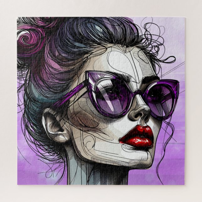 Pretty Woman in Purple Sunglasses and Red Lipstick Jigsaw Puzzle (Vertical)