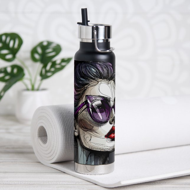 Pretty Woman in Sunglasses and Purple Lipstick Water Bottle (Yoga)