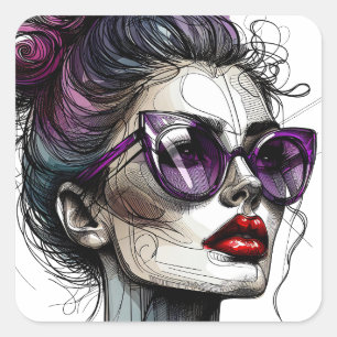 Pretty Woman in Sunglasses and Red Lipstick Square Sticker