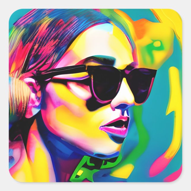 Pretty Woman in Sunglasses Unique Modern Art Square Sticker (Front)