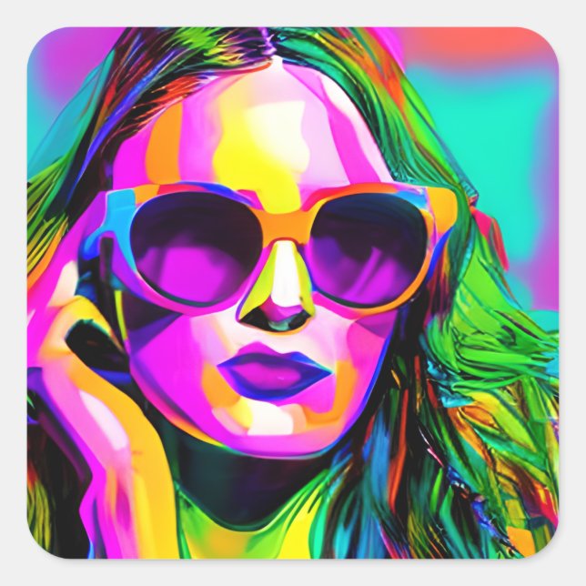 Pretty Woman in Sunglasses Unique Modern Art Square Sticker (Front)