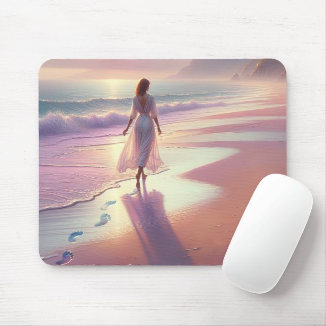 Pretty Woman Leaving Footprints On a Beach Mouse Mat (With Mouse)