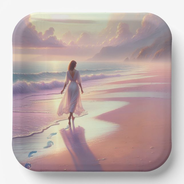 Pretty Woman Leaving Footprints On a Beach Paper Plate (Front)
