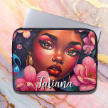 Pretty Woman of Colour Pink Flowers Personalised Laptop Sleeve<br><div class="desc">Cool ai art depicting a pretty African-American woman with pink flowers in her hair. Pretty hyper realistic digital art. Personalised tablet case.</div>