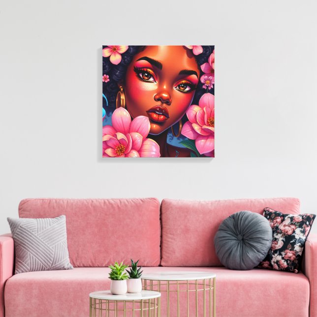 Pretty Woman of Colour with Pink Flowers  Canvas Print (Insitu(LivingRoom))