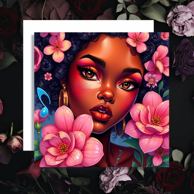 Pretty Woman of Colour with Pink Flowers  Card (Creator Uploaded)