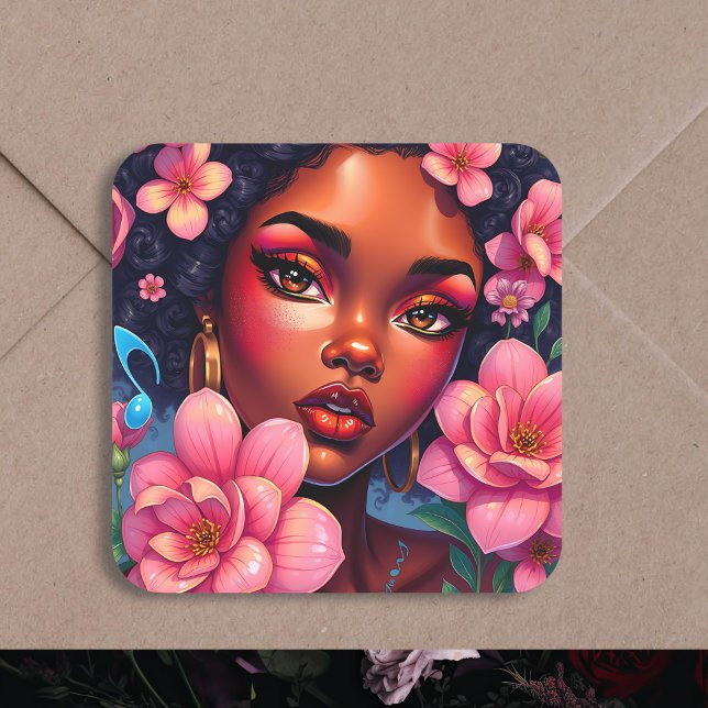 Pretty Woman of Colour with Pink Flowers  Square Sticker (Creator Uploaded)