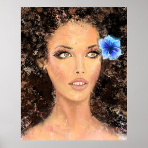 Pretty Woman with Blue Flower - Original Painting Poster