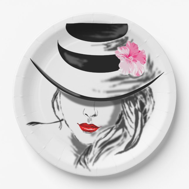 Pretty Woman with Red Lips Paper Plates (Front)