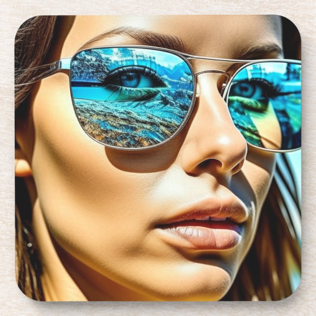 Pretty Woman with Reflection of Beach Sunglasses Coaster (Front)