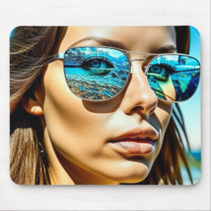 Pretty Woman with Reflection of Beach Sunglasses Mouse Mat