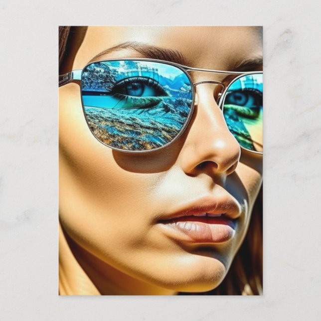 Pretty Woman with Reflection of Beach Sunglasses Postcard (Front)