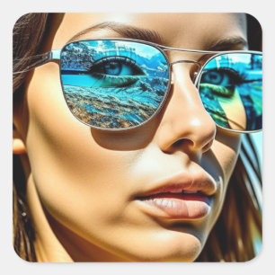 Pretty Woman with Reflection of Beach Sunglasses Square Sticker