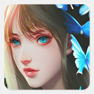 Pretty Women with Blue Butterflies Square Sticker