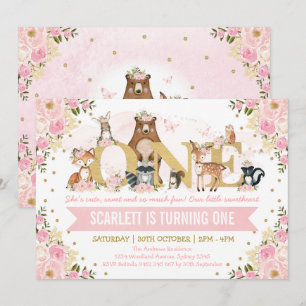 Pretty Woodland Animals Blush Gold 1st Birthday Invitation