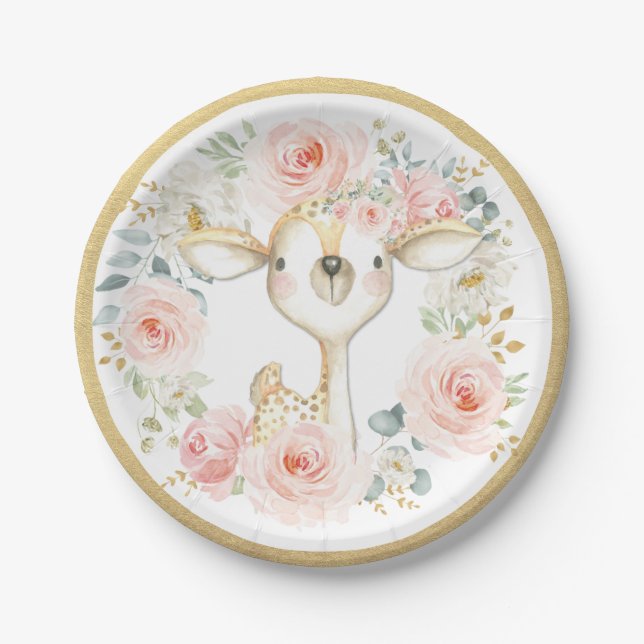Pretty Woodland Deer | Blush Watercolor Floral Paper Plate (Front)