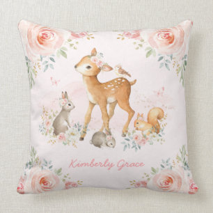 Pretty Woodland Forest Animals Pink Floral Nursery Cushion