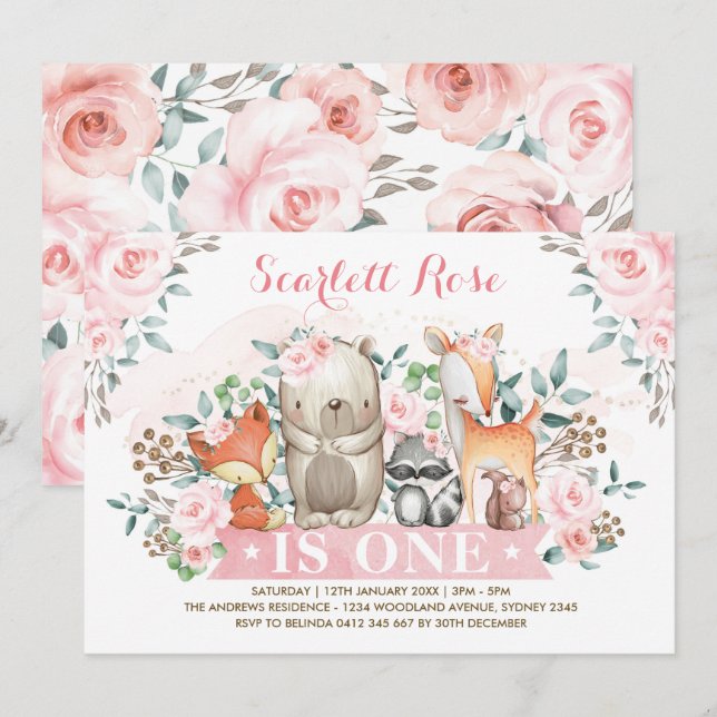 Pretty Woodland Girl 1st Birthday Soft Pink Floral Invitation (Front/Back)