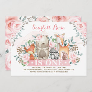 Pretty Woodland Girl 1st Birthday Soft Pink Floral Invitation