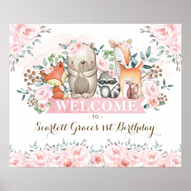Pretty Woodland Pink Floral Girl Birthday Welcome Poster (Front)
