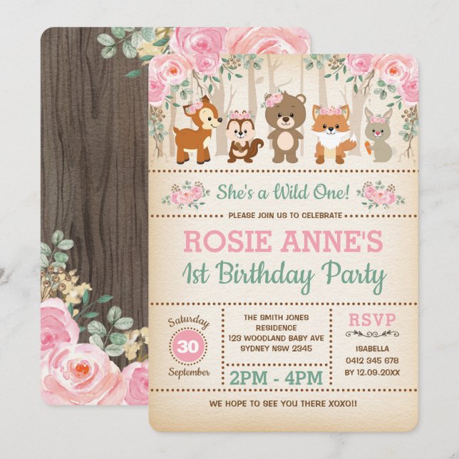 Pretty Woodland Pink Roses Wild One 1st Birthday Invitation (Front/Back)