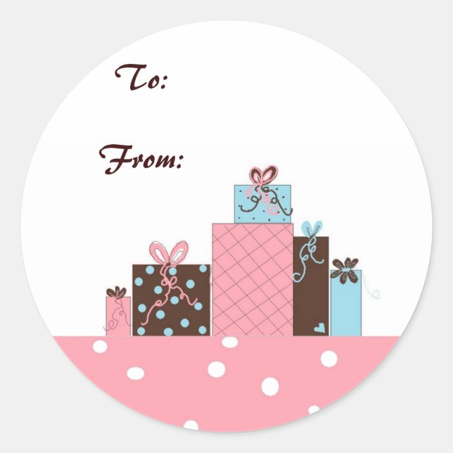 Pretty Wrapped Packages in Pink, Blue and Brown Classic Round Sticker (Front)