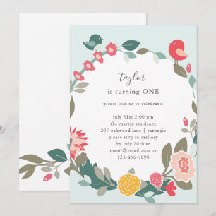 Pretty Wreath and Cute Birds Birthday Party Invitation