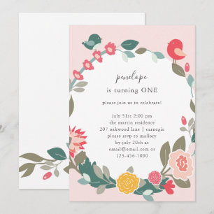 Pretty Wreath and Cute Birds Birthday Party Invitation