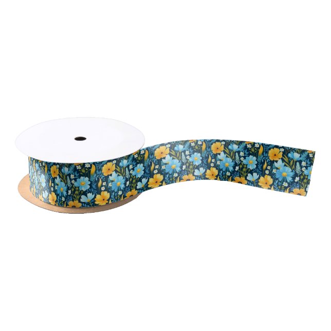 Pretty Yellow and Blue Retro Floral  Satin Ribbon (Spool)