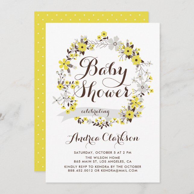 Pretty Yellow and Grey Floral Wreath Baby Shower Invitation (Front/Back)