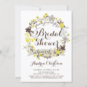 Pretty Yellow and Grey Floral Wreath Bridal Shower Invitation