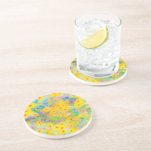 Pretty Yellow and Red Flowers with Turquoise Coaster