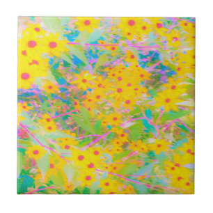 Pretty Yellow and Red Flowers with Turquoise Tile