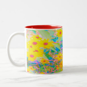 Pretty Yellow and Red Flowers with Turquoise Two-Tone Coffee Mug